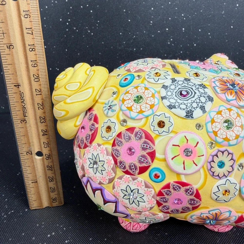 Billie Beads 2003 Handcrafted Piggy Bank Yellow Floral Millefiori Rhinestone 7in